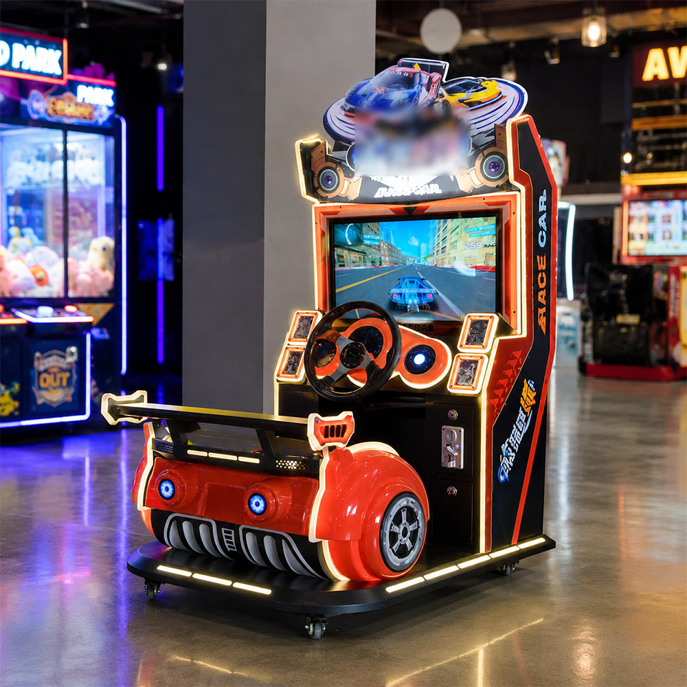 GAMEON Kids Racing Arcade Machine - Coin Operated Driving Simulator with Steering Wheel, Pedals, LCD Display & Interactive Racing Experience - Red