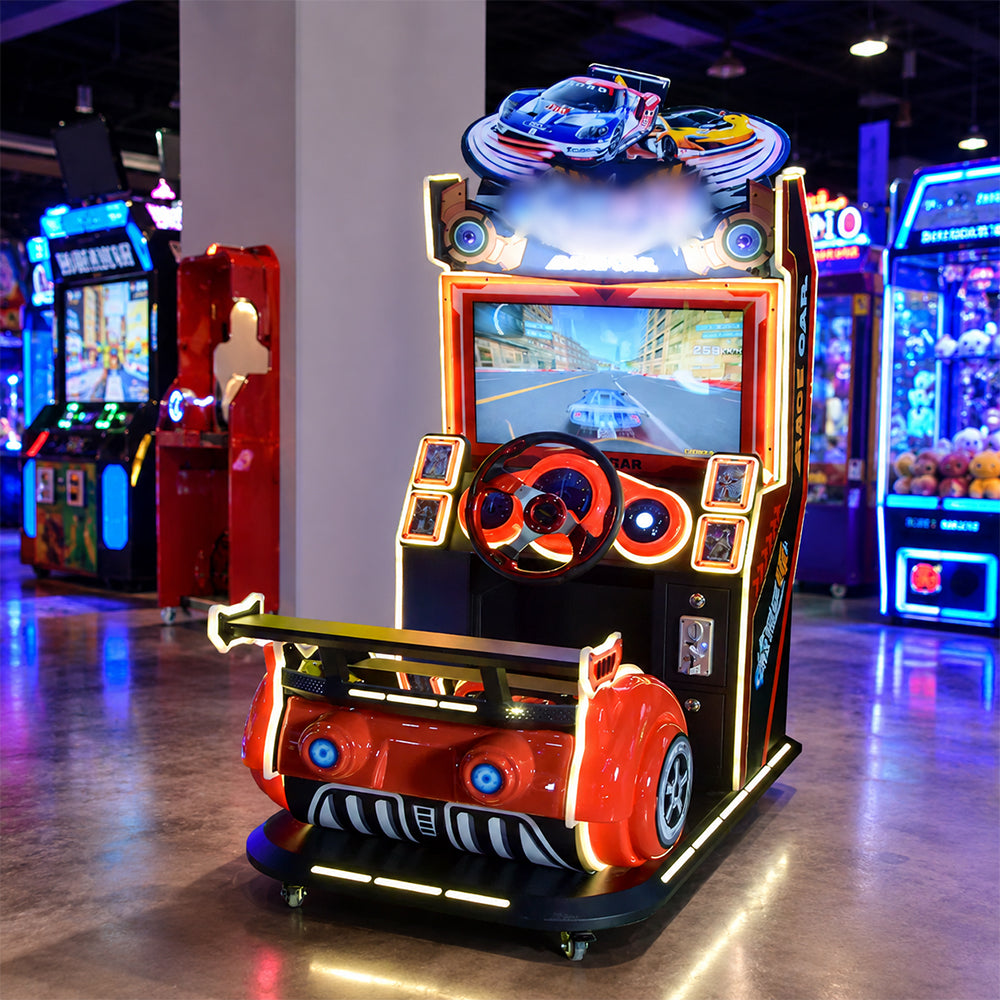 GAMEON Kids Racing Arcade Machine - Coin Operated Driving Simulator with Steering Wheel, Pedals, LCD Display & Interactive Racing Experience - Red