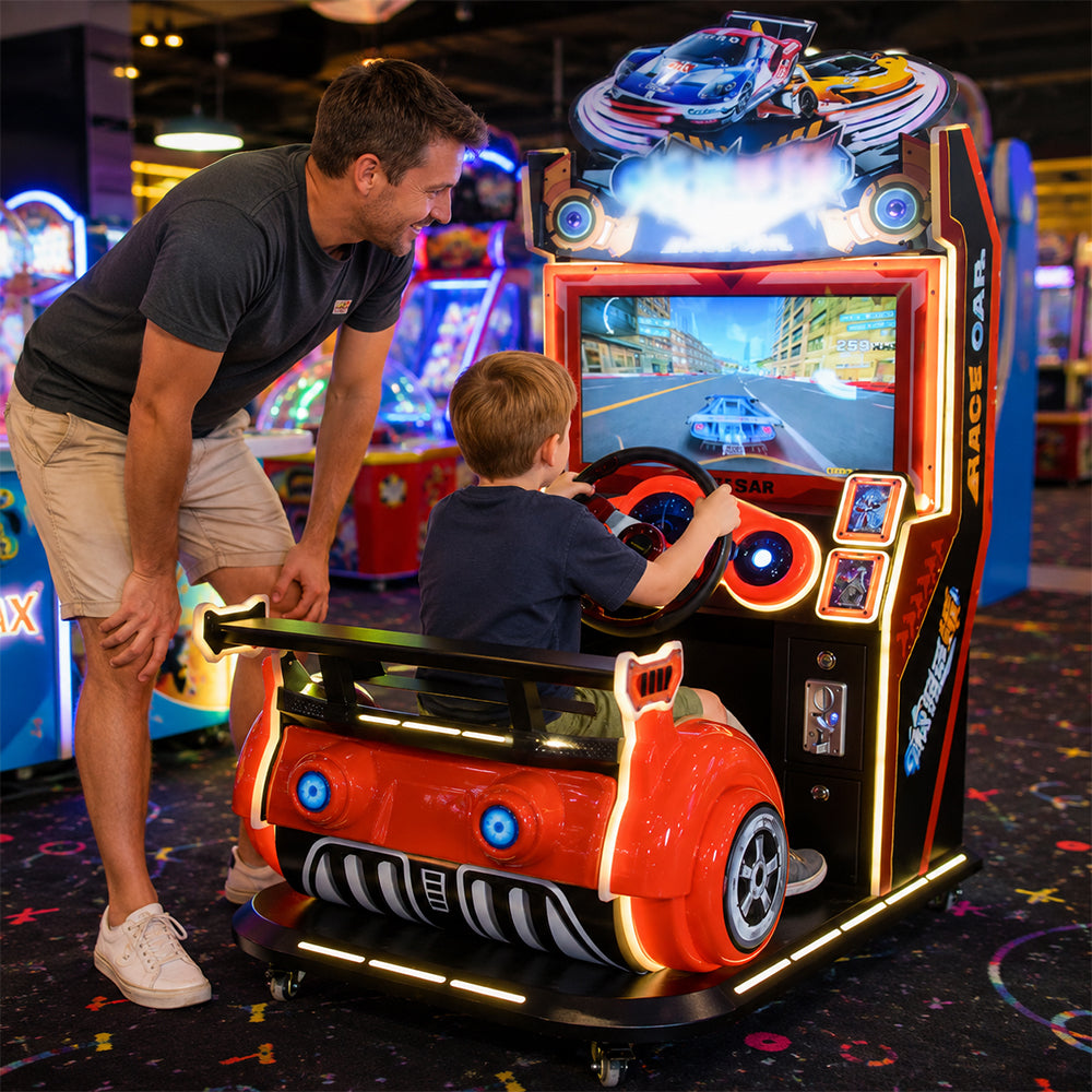 GAMEON Kids Racing Arcade Machine - Coin Operated Driving Simulator with Steering Wheel, Pedals, LCD Display & Interactive Racing Experience - Red