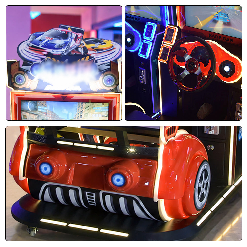 GAMEON Kids Racing Arcade Machine - Coin Operated Driving Simulator with Steering Wheel, Pedals, LCD Display & Interactive Racing Experience - Red
