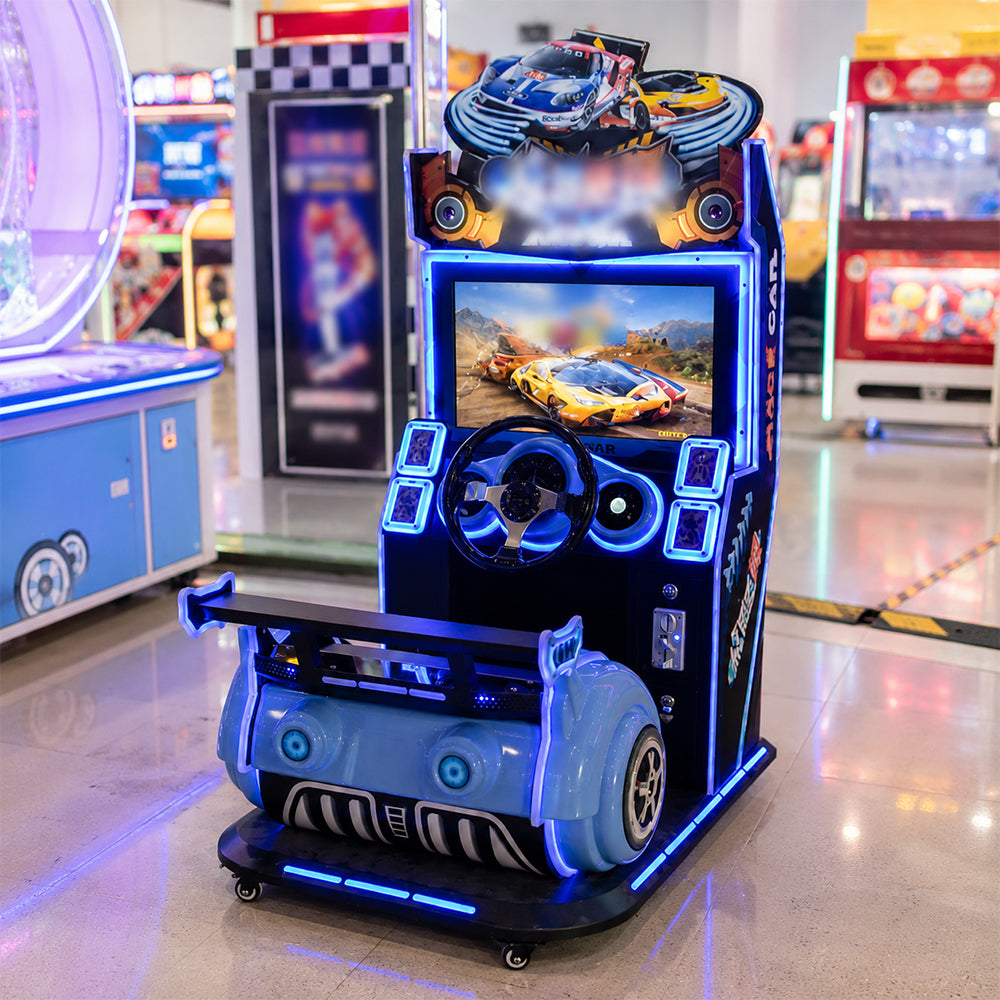 GAMEON Kids Racing Arcade Machine - Coin Operated Driving Simulator with Steering Wheel, Pedals, LCD Display & Interactive Racing Experience - Blue