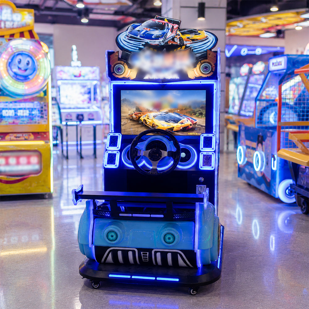 GAMEON Kids Racing Arcade Machine - Coin Operated Driving Simulator with Steering Wheel, Pedals, LCD Display & Interactive Racing Experience - Blue