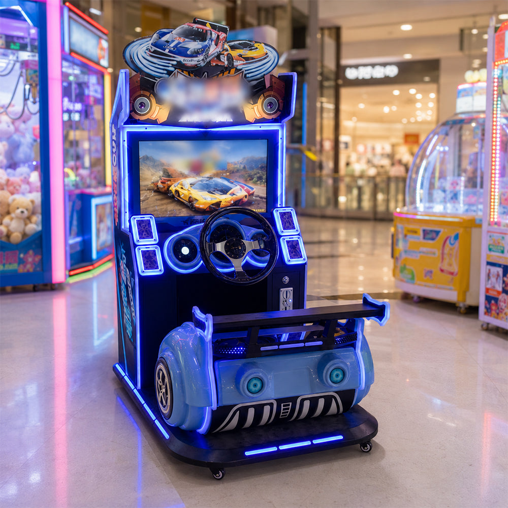 GAMEON Kids Racing Arcade Machine - Coin Operated Driving Simulator with Steering Wheel, Pedals, LCD Display & Interactive Racing Experience - Blue