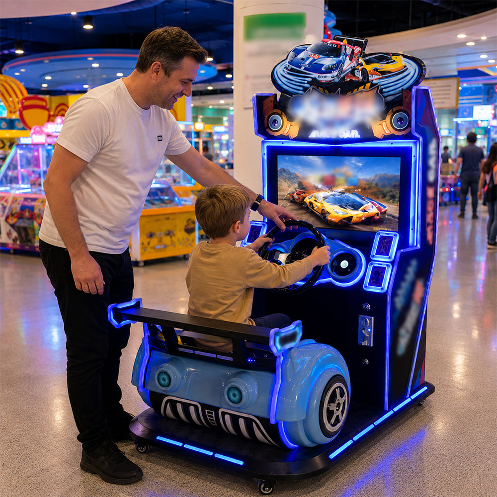 GAMEON Kids Racing Arcade Machine - Coin Operated Driving Simulator with Steering Wheel, Pedals, LCD Display & Interactive Racing Experience - Blue