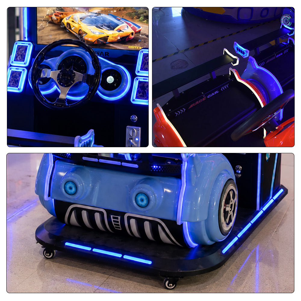 GAMEON Kids Racing Arcade Machine - Coin Operated Driving Simulator with Steering Wheel, Pedals, LCD Display & Interactive Racing Experience - Blue