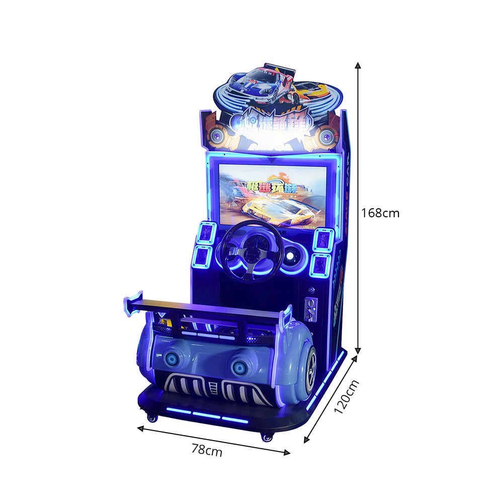 GAMEON Kids Racing Arcade Machine - Coin Operated Driving Simulator with Steering Wheel, Pedals, LCD Display & Interactive Racing Experience - Blue