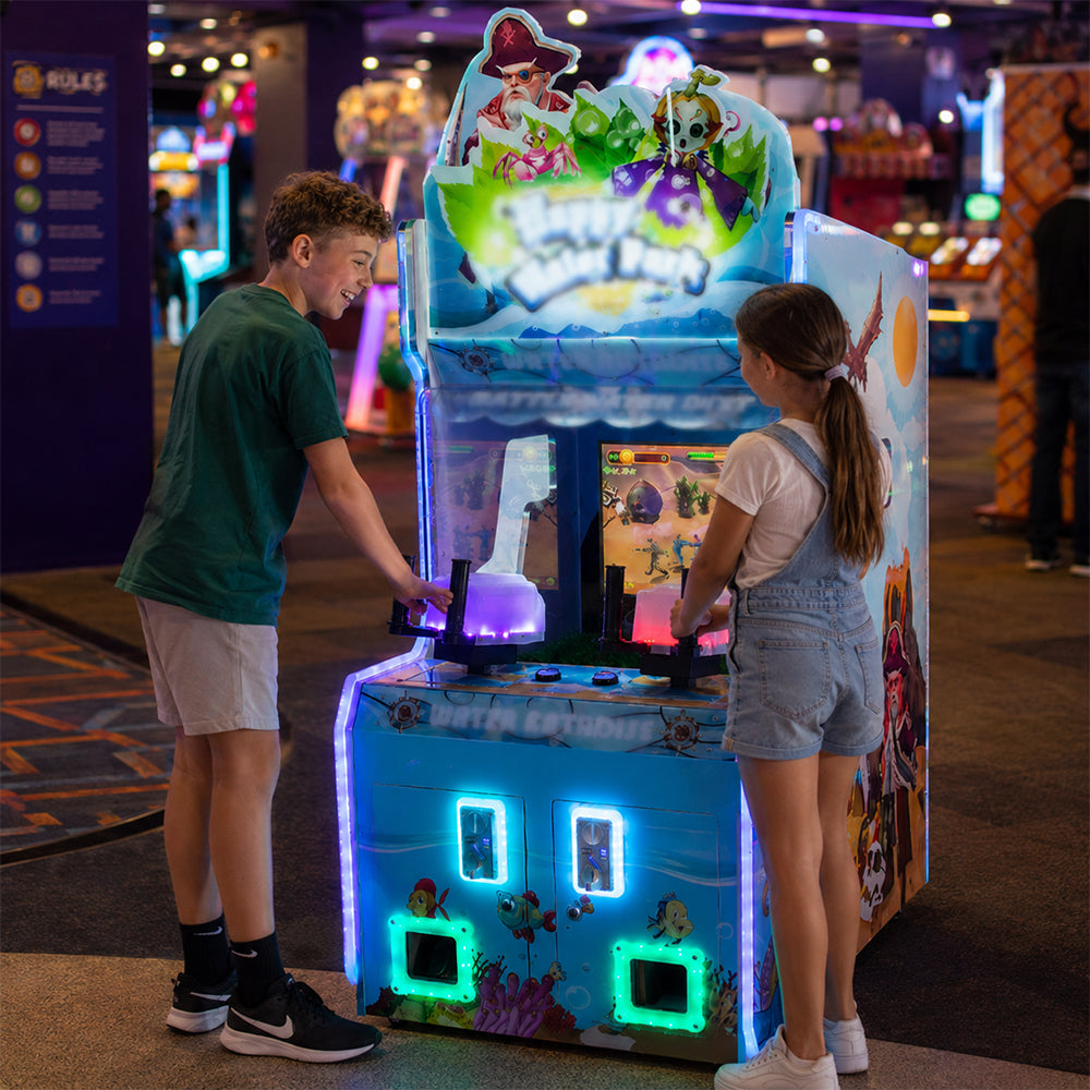 GAMEON Happy Water Park Shooting Arcade Machine - Coin Operated Dual Player Water Gun Game with 26" Display & Interactive Family Entertainment Experience - Blue