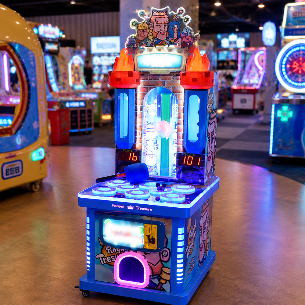 GAMEON Royal Treasure Arcade Machine - Coin Operated Kids Whack A Mole Game with LED Lights, Score Challenge & Interactive Entertainment Experience - Blue