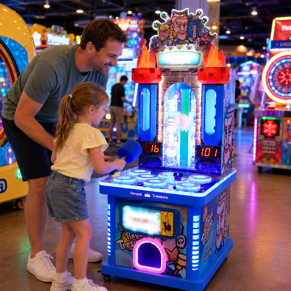GAMEON Royal Treasure Arcade Machine - Coin Operated Kids Whack A Mole Game with LED Lights, Score Challenge & Interactive Entertainment Experience - Blue