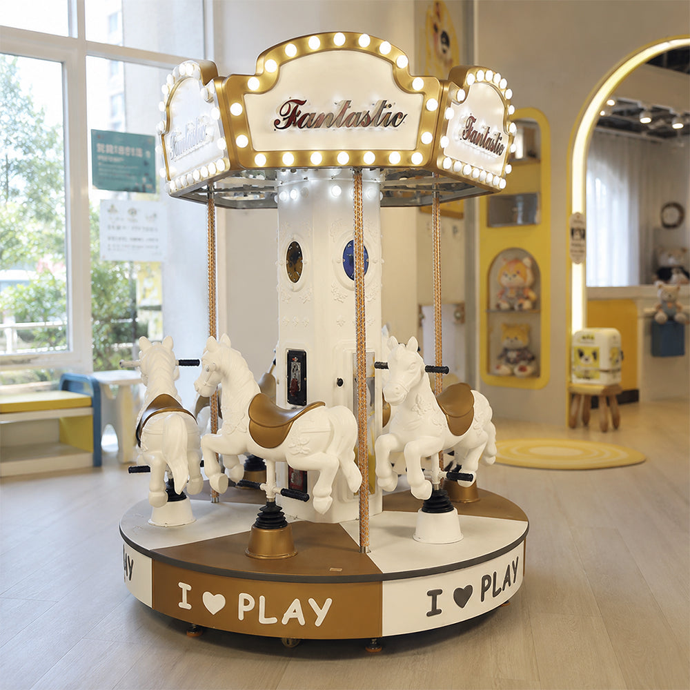 GAMEON 6-Seat Carousel Ride Machine - Coin Operated Kids Merry Go Round with LED Lights, Horse Seats & Interactive Amusement Experience - White