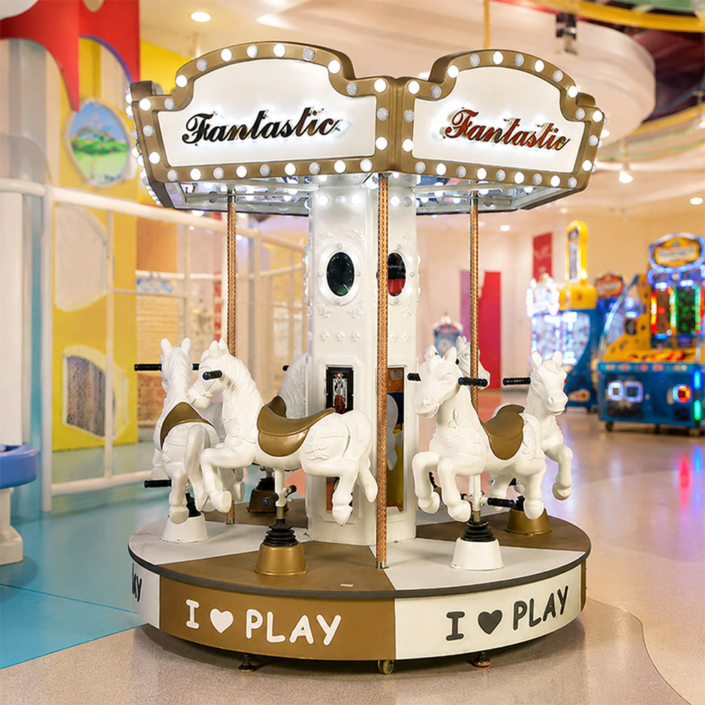 GAMEON 6-Seat Carousel Ride Machine - Coin Operated Kids Merry Go Round with LED Lights, Horse Seats & Interactive Amusement Experience - White