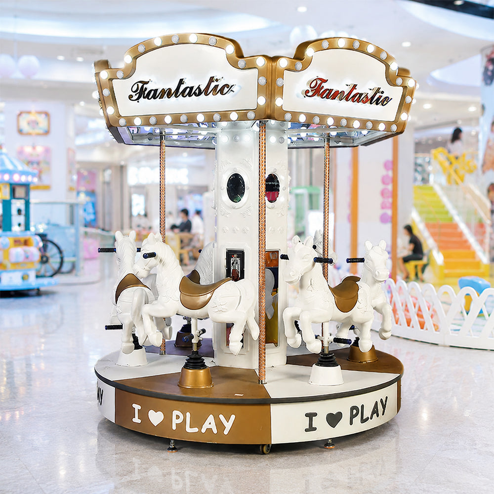 GAMEON 6-Seat Carousel Ride Machine - Coin Operated Kids Merry Go Round with LED Lights, Horse Seats & Interactive Amusement Experience - White