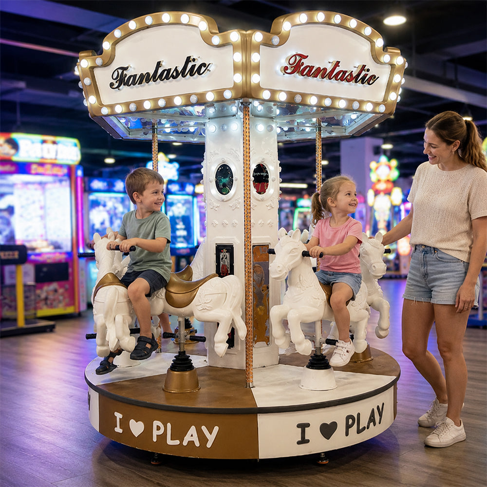 GAMEON 6-Seat Carousel Ride Machine - Coin Operated Kids Merry Go Round with LED Lights, Horse Seats & Interactive Amusement Experience - White