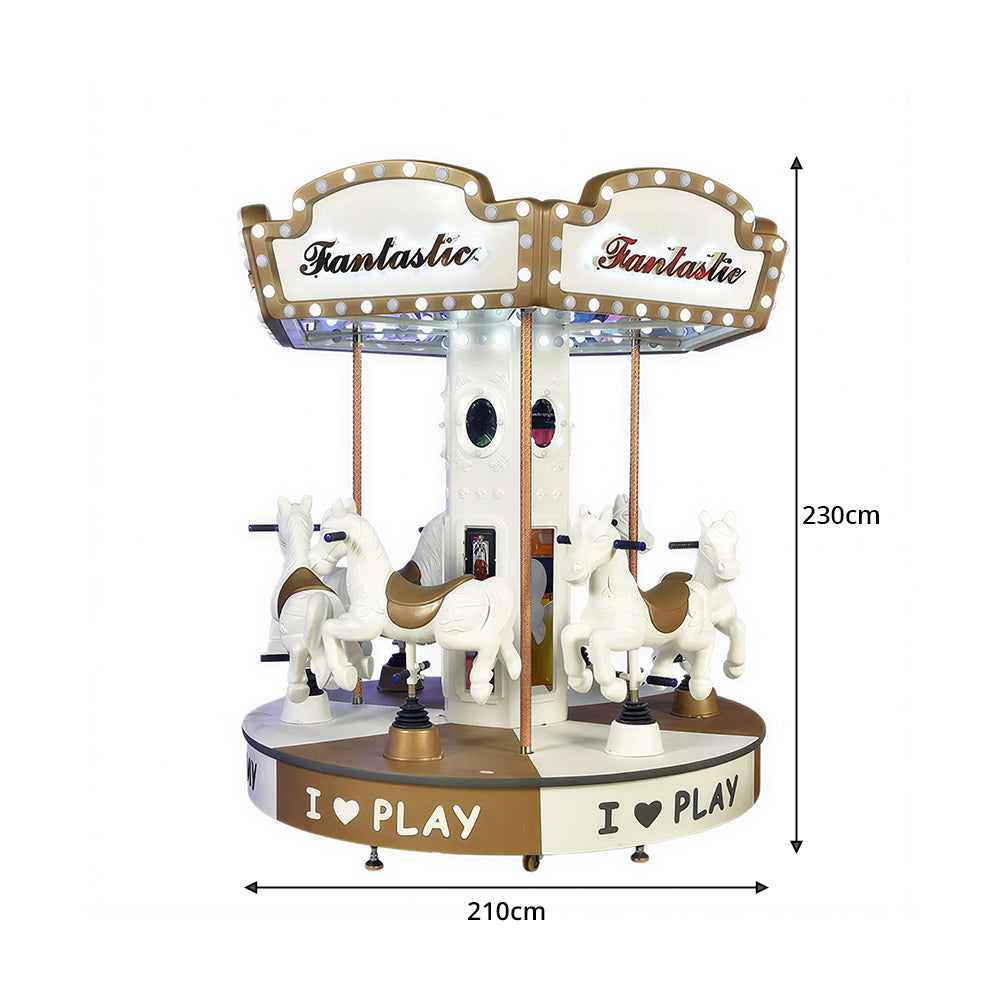 GAMEON 6-Seat Carousel Ride Machine - Coin Operated Kids Merry Go Round with LED Lights, Horse Seats & Interactive Amusement Experience - White