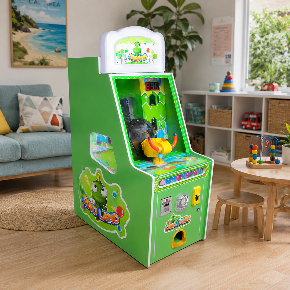 GAMEON Dinosaur Shooting Arcade Machine - Coin Operated Kids Ball Shooting Game with LED Score Display, Prize Rewards & Interactive Entertainment Experience - Green