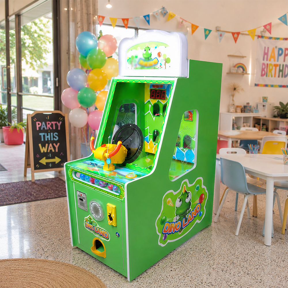 GAMEON Dinosaur Shooting Arcade Machine - Coin Operated Kids Ball Shooting Game with LED Score Display, Prize Rewards & Interactive Entertainment Experience - Green