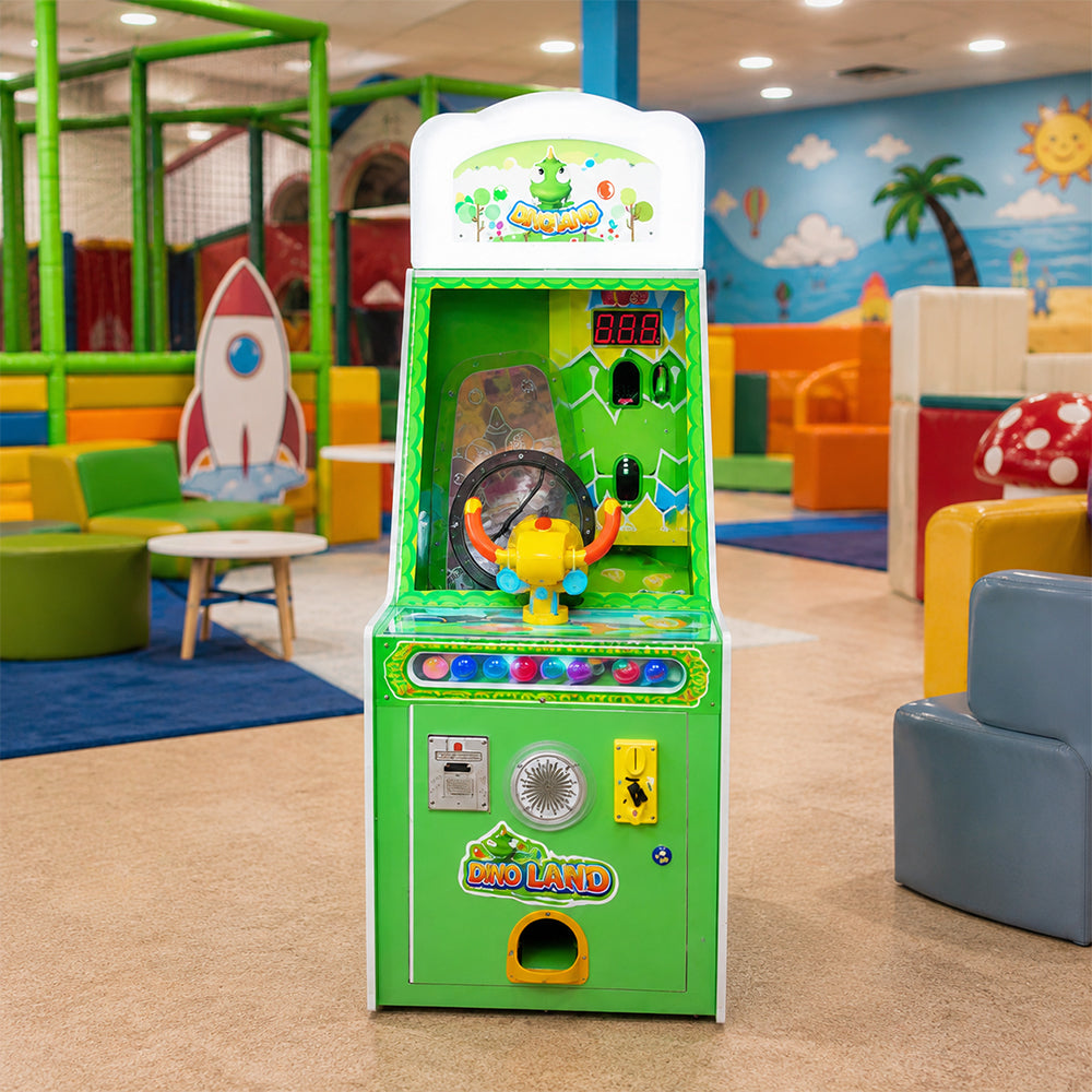 GAMEON Dinosaur Shooting Arcade Machine - Coin Operated Kids Ball Shooting Game with LED Score Display, Prize Rewards & Interactive Entertainment Experience - Green
