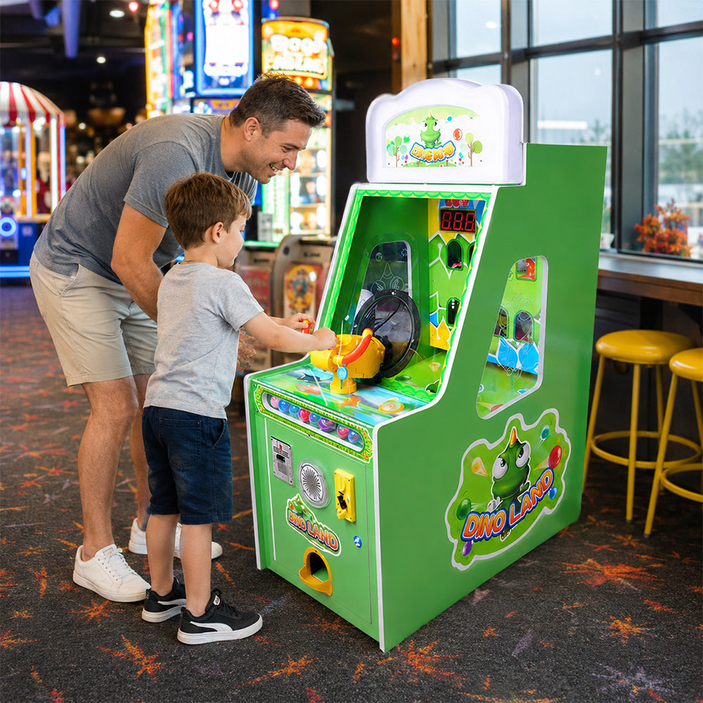 GAMEON Dinosaur Shooting Arcade Machine - Coin Operated Kids Ball Shooting Game with LED Score Display, Prize Rewards & Interactive Entertainment Experience - Green
