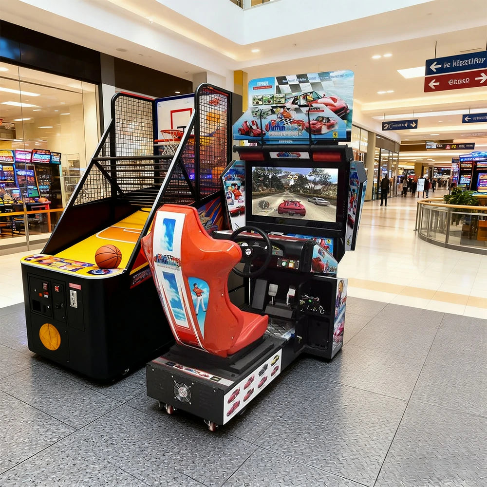 GAMEON Panorama Racing Arcade Machine 42-Inch HD Screen Dynamic Steering System Metal & Plastic Cabinet 350W Power Immersive Driving Experience - Red