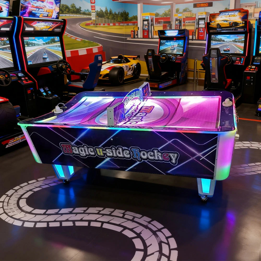 GAMEON Curved Air Hockey Table LED Lighting Wood & Acrylic Frame 250W Power Smooth Playfield Two-Player Arcade Game - Purple