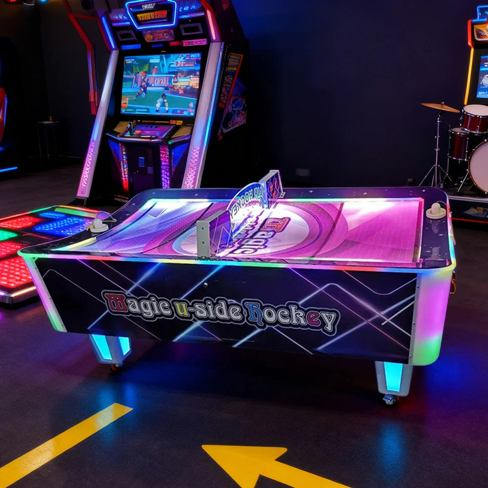 GAMEON Curved Air Hockey Table LED Lighting Wood & Acrylic Frame 250W Power Smooth Playfield Two-Player Arcade Game - Purple