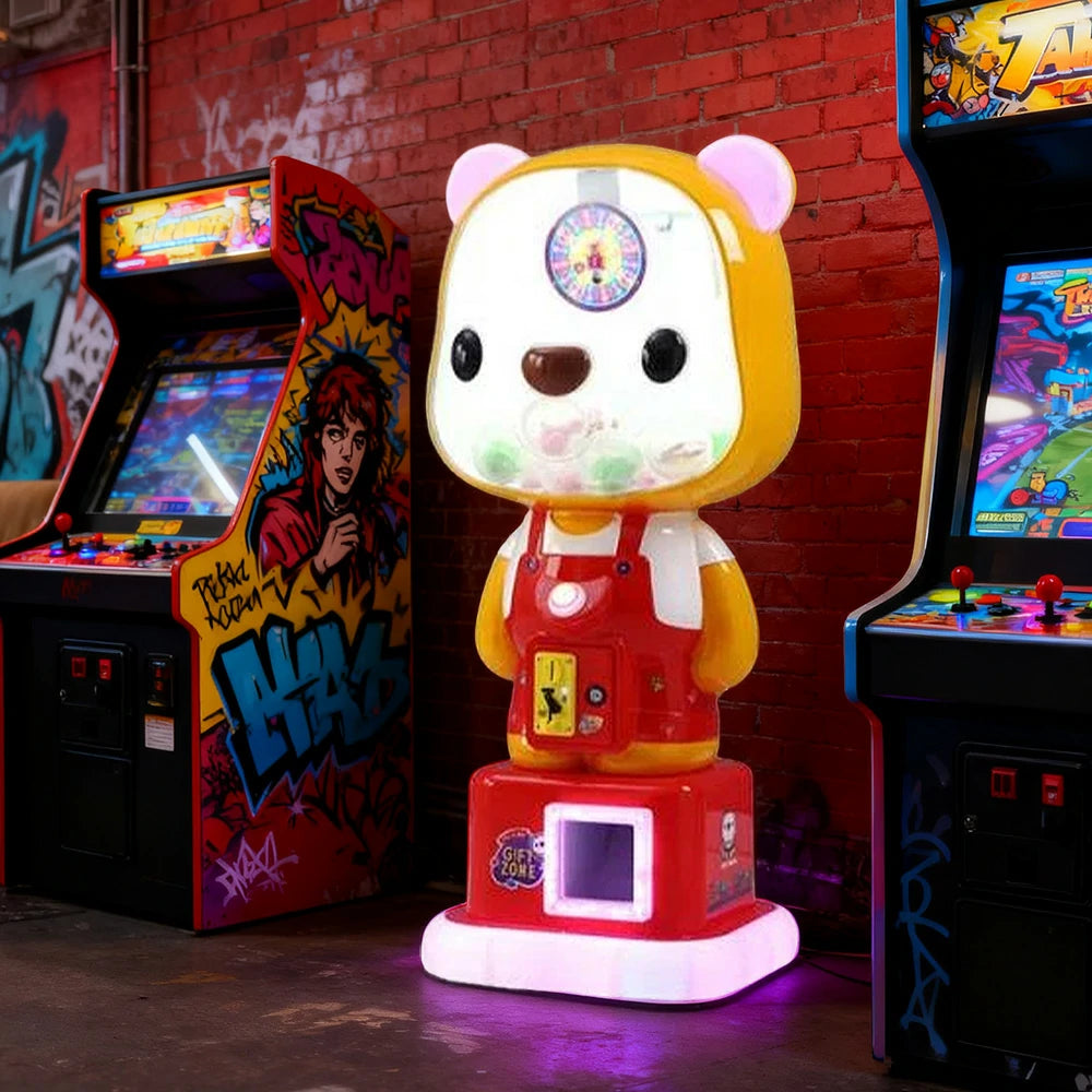 GAMEON Cute Bear Capsule Vending Machine Coin Operated Gacha Toy Dispenser LED Light Base Acrylic Display Design - Red