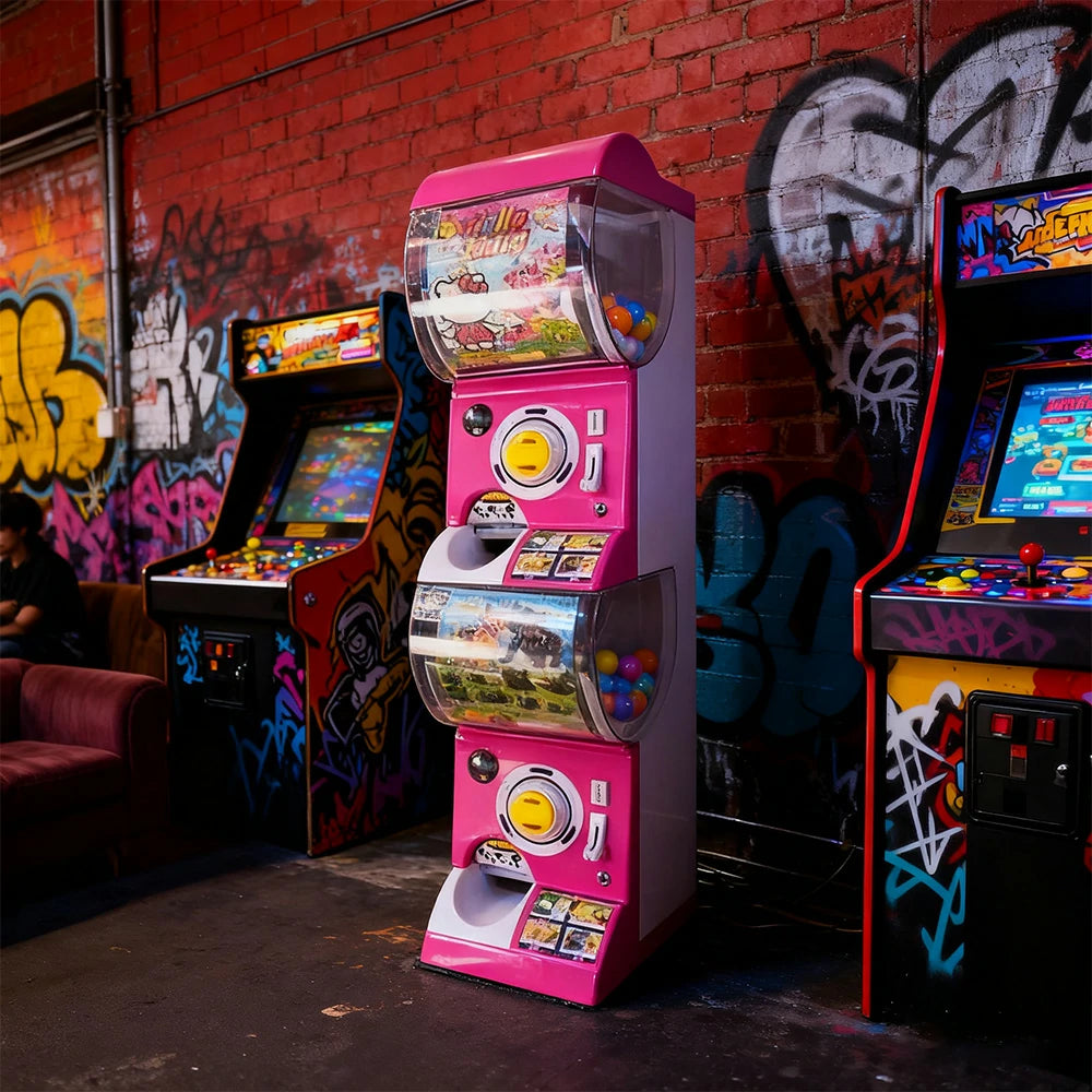 GAMEON Double Layer Capsule Vending Machine Coin Operated Gacha Toy Dispenser ABS Structure Smooth Dual-Compartment Design - Pink