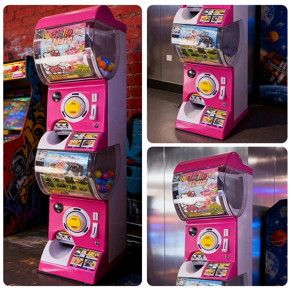 GAMEON Double Layer Capsule Vending Machine Coin Operated Gacha Toy Dispenser ABS Structure Smooth Dual-Compartment Design - Pink