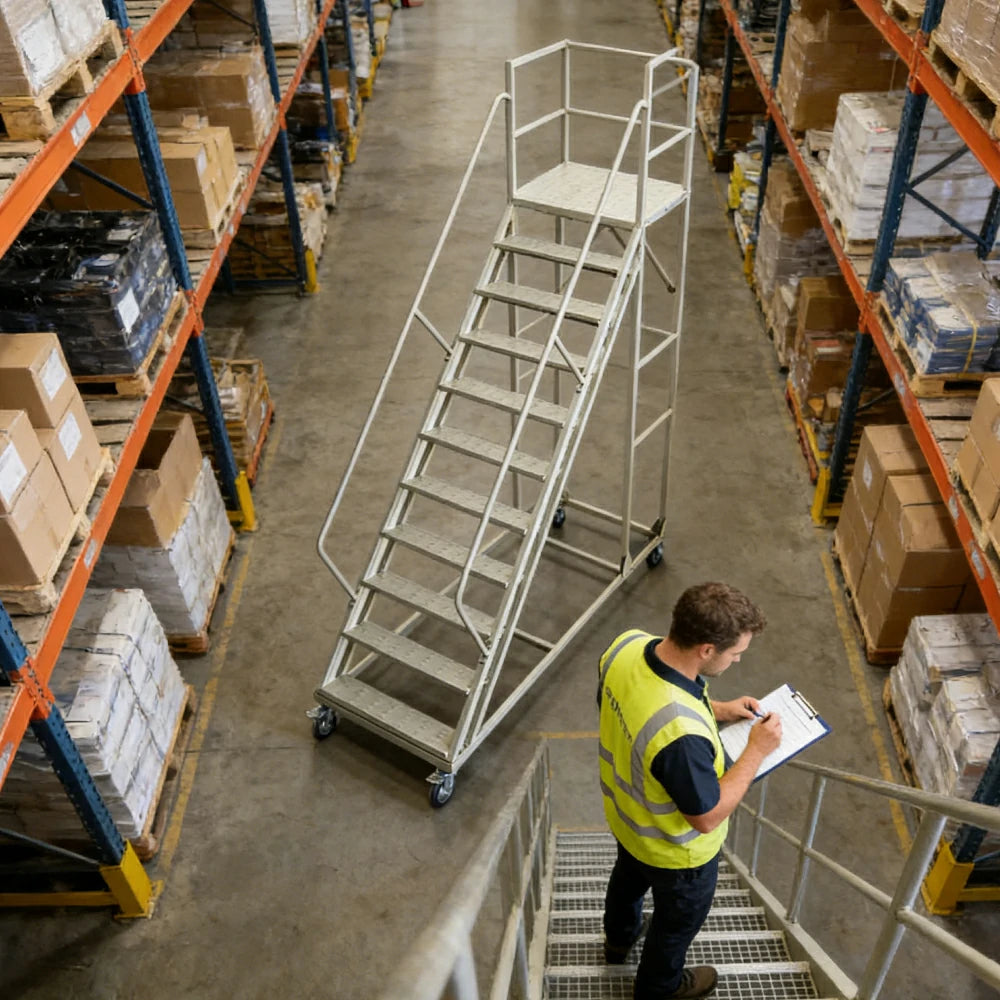 GROVIA 250cm Platform Height  10-step Ladder With Wheels Warehouse Staircase