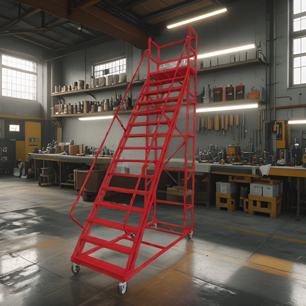 GROVIA 350cm Platform Height  14-step Ladder With Wheels Warehouse Staircase