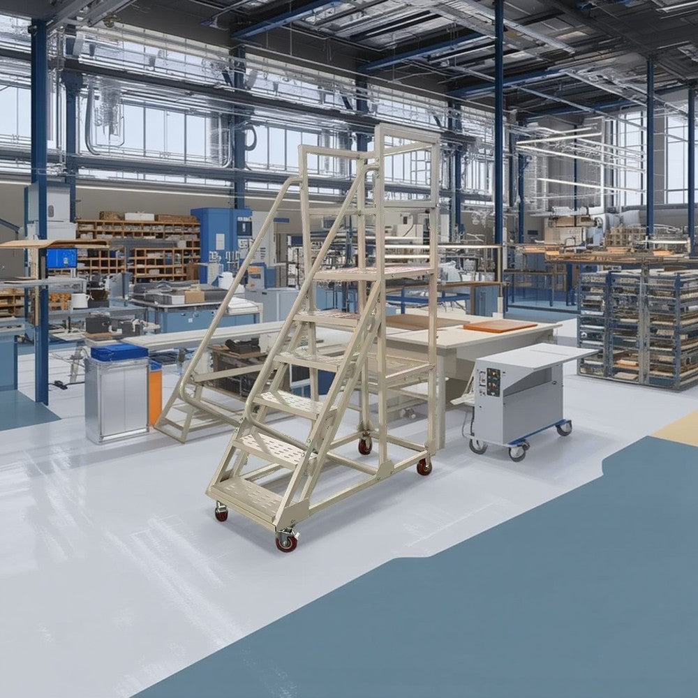 GROVIA 150cm Platform Height  6-step Ladder With Wheels Warehouse Staircase