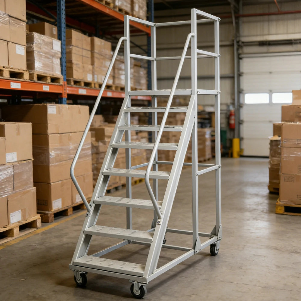 GROVIA 200cm Platform Height 8-step Ladder With Wheels Warehouse Staircase