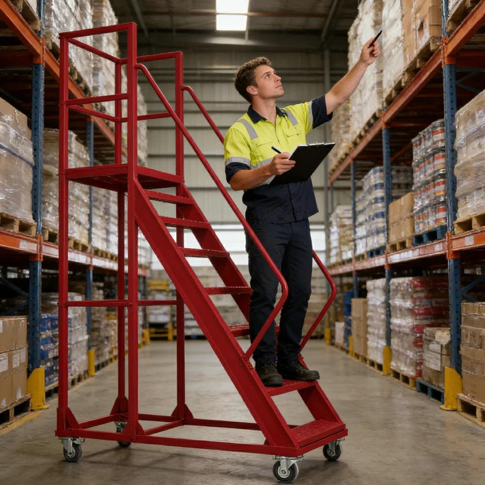 GROVIA 200cm Platform Height 8-step Ladder With Wheels Warehouse Staircase