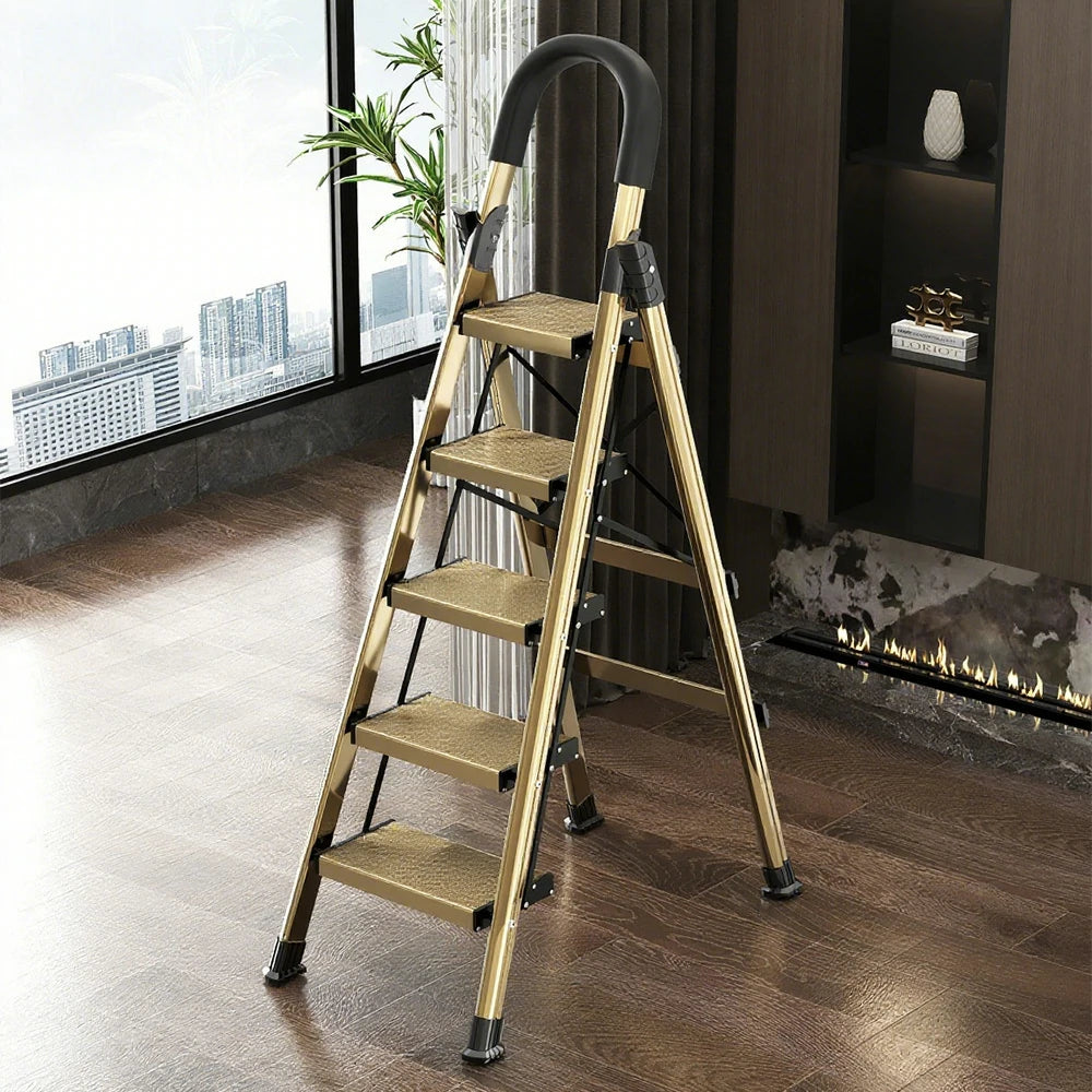 GROVIA 5/6/7 Step Lightweight Aluminum Alloy Folding Ladder, Extra-Wide 20cm Pedals, X-Shaped Support, Anti-Slip Design