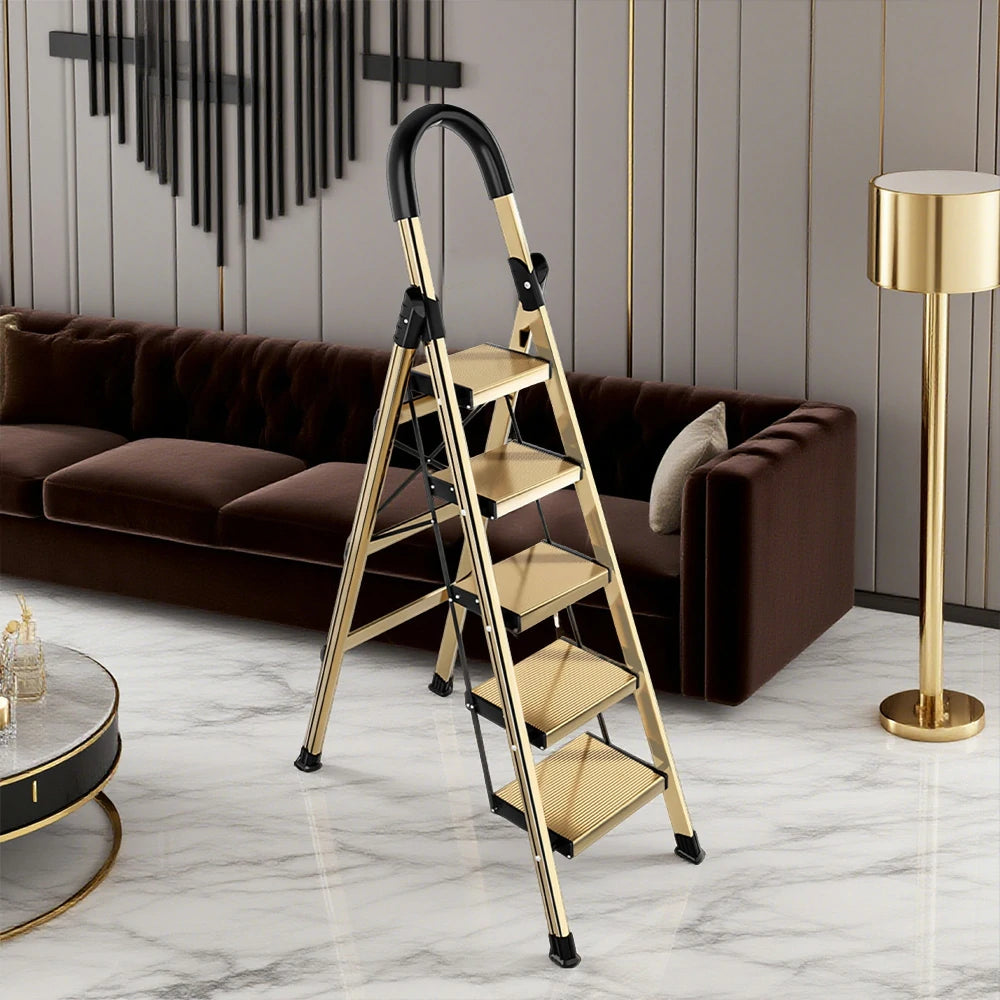 GROVIA 5/6/7 Step Lightweight Aluminum Alloy Folding Ladder, Extra-Wide 20cm Pedals, X-Shaped Support, Anti-Slip Design