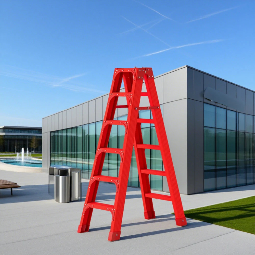 GROVIA 6/7/8/10 Step Folding Ladder, Triangular Support, Anti-Slip Pedals, Stabilizing Rod, Durable & Portable Design - Red