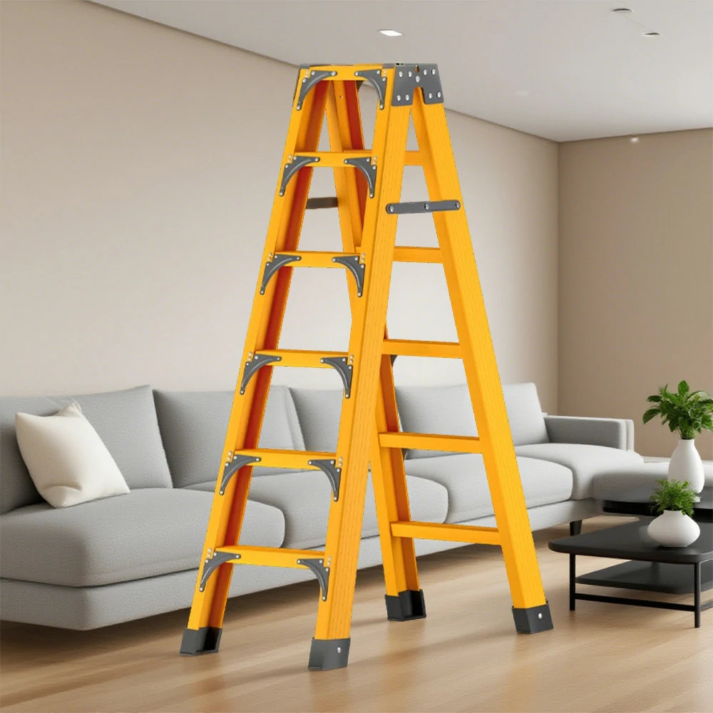 GROVIA 6/7/8/10 Step Folding Ladder, Triangular Support, Anti-Slip Pedals, Stabilizing Rod, Durable & Portable Design - Yellow