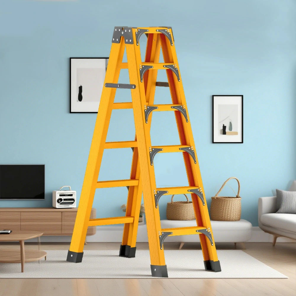 GROVIA 6/7/8/10 Step Folding Ladder, Triangular Support, Anti-Slip Pedals, Stabilizing Rod, Durable & Portable Design - Yellow