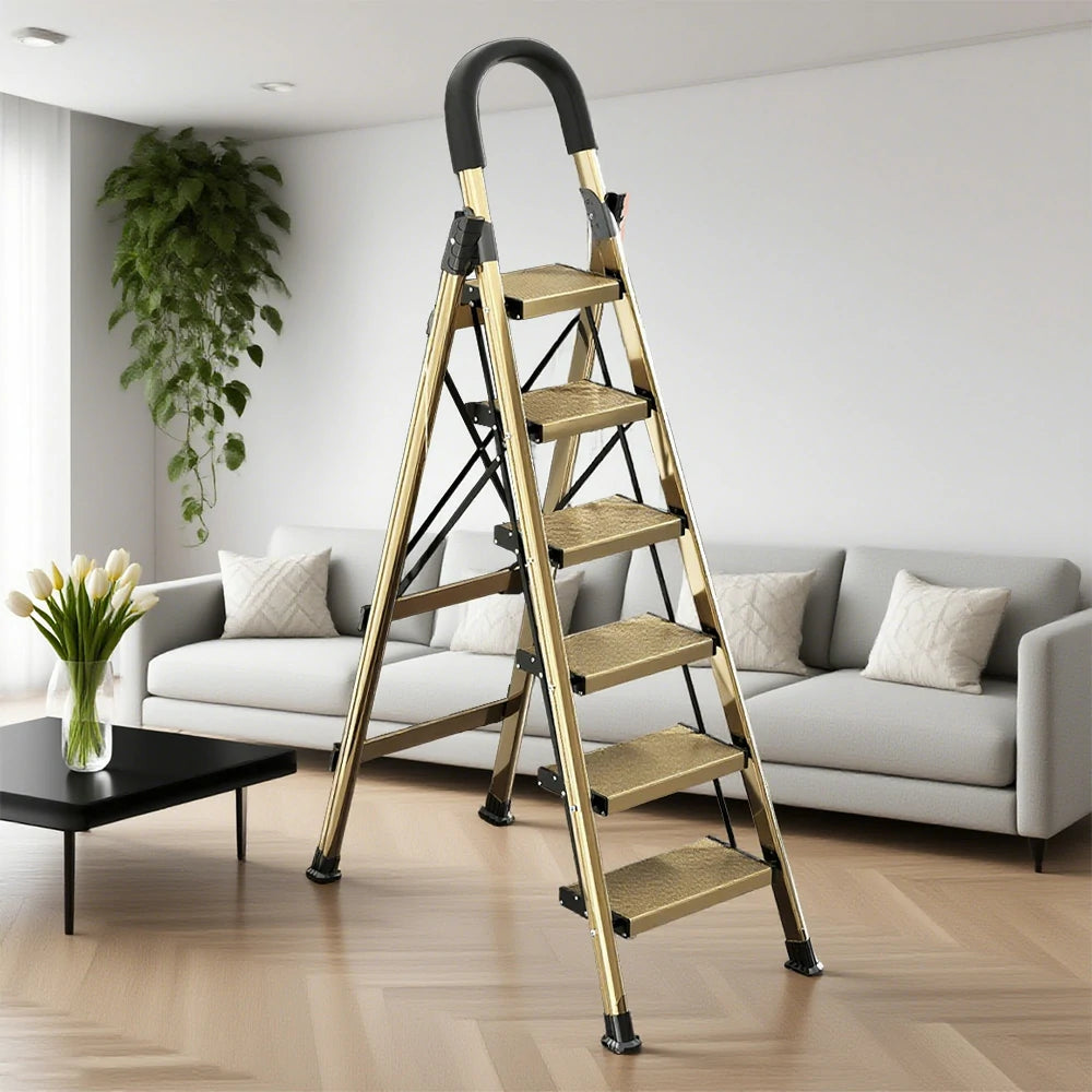 GROVIA 5/6/7 Step Lightweight Aluminum Alloy Folding Ladder, Extra-Wide 20cm Pedals, X-Shaped Support, Anti-Slip Design