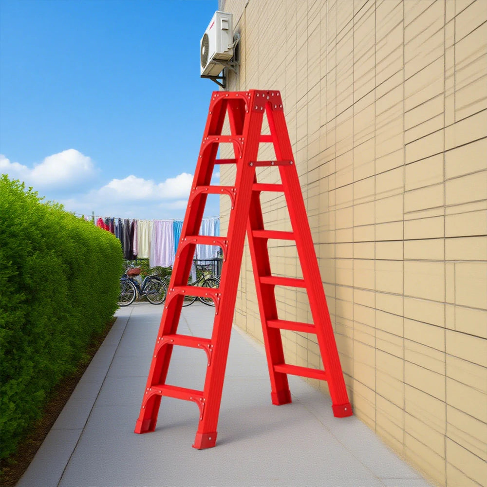 GROVIA 6/7/8/10 Step Folding Ladder, Triangular Support, Anti-Slip Pedals, Stabilizing Rod, Durable & Portable Design - Red