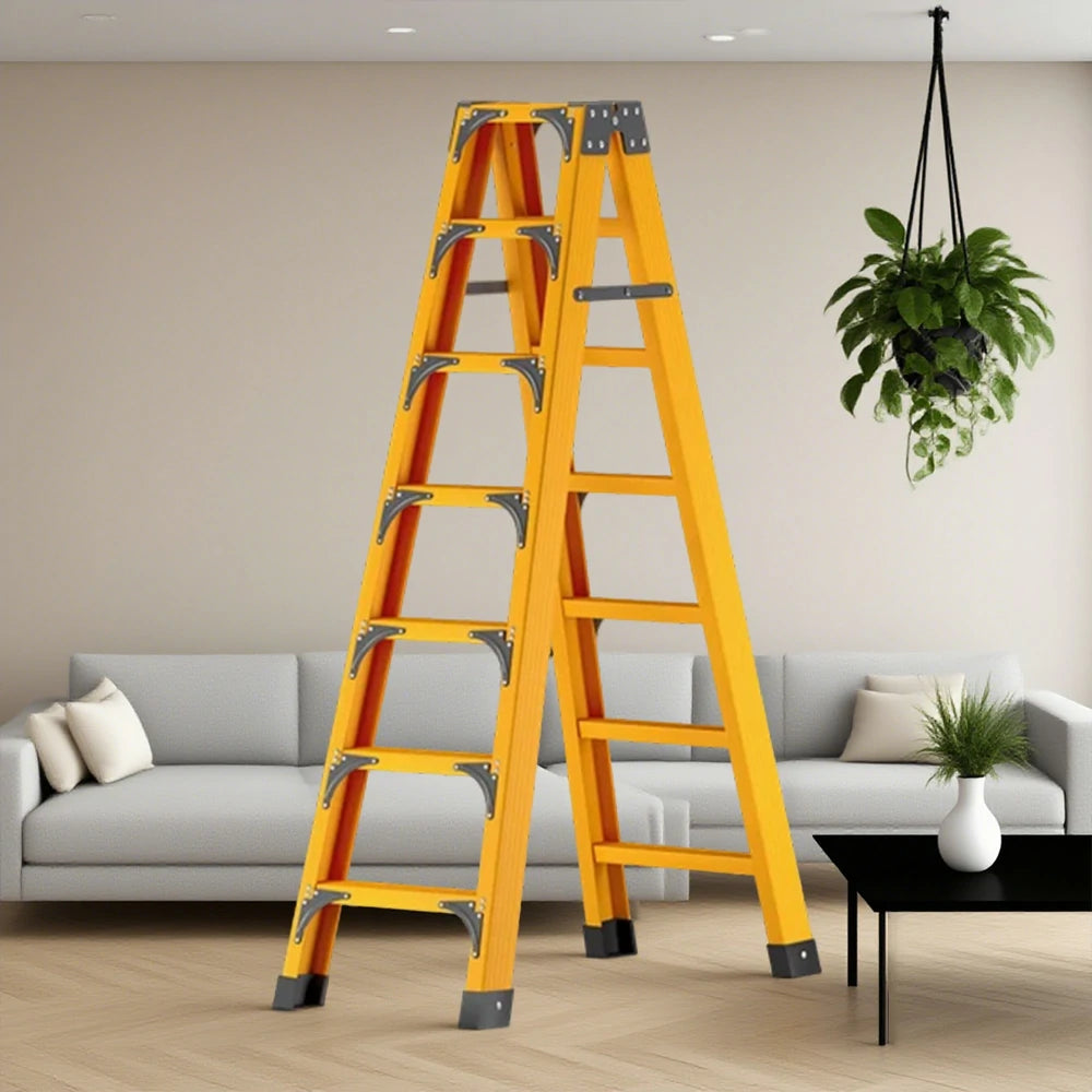 GROVIA 6/7/8/10 Step Folding Ladder, Triangular Support, Anti-Slip Pedals, Stabilizing Rod, Durable & Portable Design - Yellow