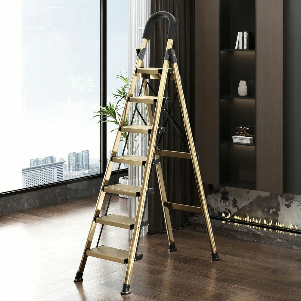 GROVIA 5/6/7 Step Lightweight Aluminum Alloy Folding Ladder, Extra-Wide 20cm Pedals, X-Shaped Support, Anti-Slip Design