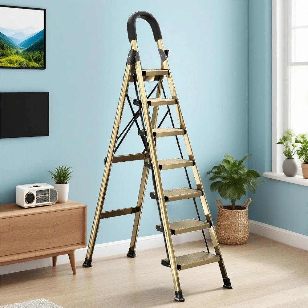 GROVIA 5/6/7 Step Lightweight Aluminum Alloy Folding Ladder, Extra-Wide 20cm Pedals, X-Shaped Support, Anti-Slip Design