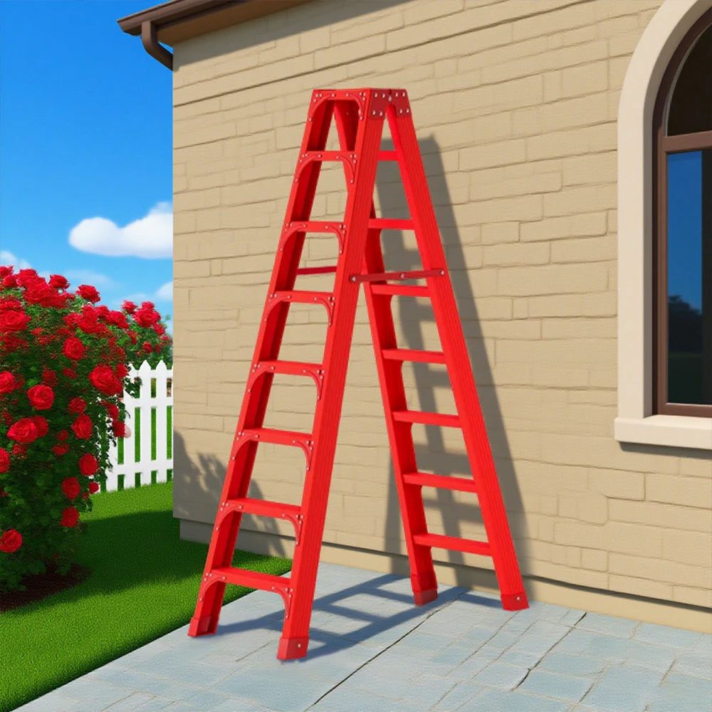 GROVIA 6/7/8/10 Step Folding Ladder, Triangular Support, Anti-Slip Pedals, Stabilizing Rod, Durable & Portable Design - Red