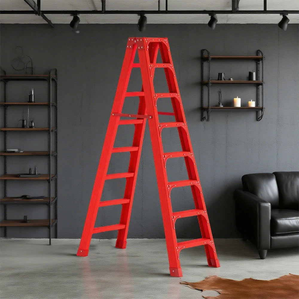GROVIA 6/7/8/10 Step Folding Ladder, Triangular Support, Anti-Slip Pedals, Stabilizing Rod, Durable & Portable Design - Red