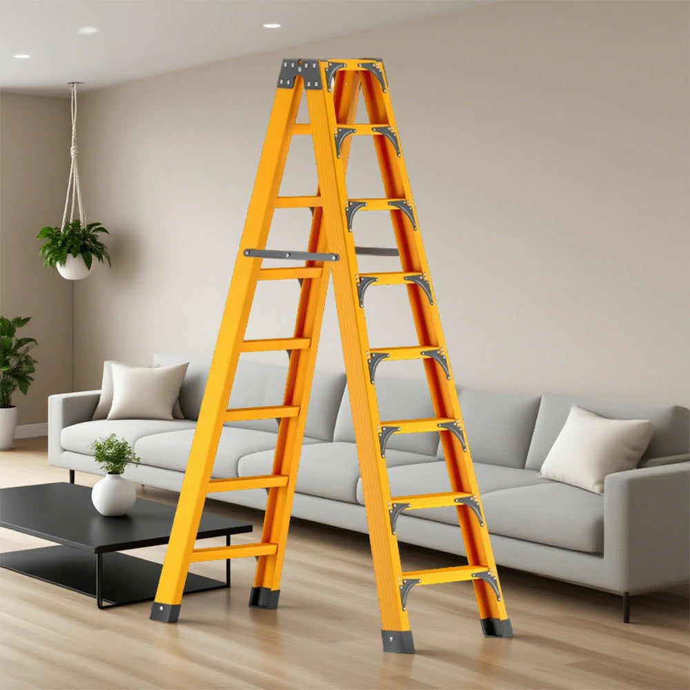 GROVIA 6/7/8/10 Step Folding Ladder, Triangular Support, Anti-Slip Pedals, Stabilizing Rod, Durable & Portable Design - Yellow