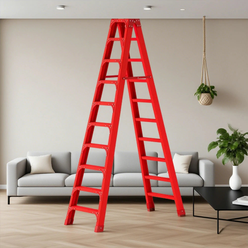 GROVIA 6/7/8/10 Step Folding Ladder, Triangular Support, Anti-Slip Pedals, Stabilizing Rod, Durable & Portable Design - Red