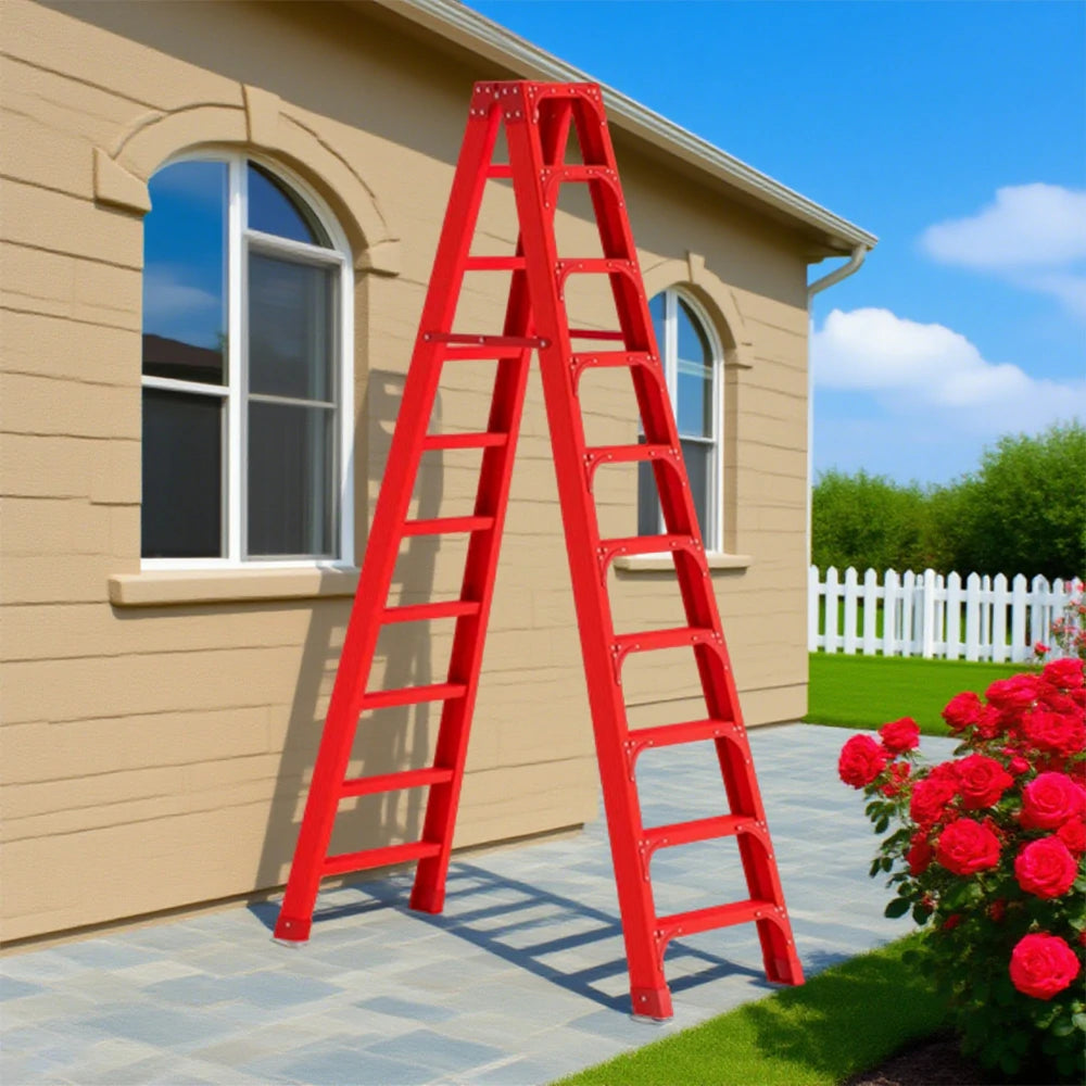 GROVIA 6/7/8/10 Step Folding Ladder, Triangular Support, Anti-Slip Pedals, Stabilizing Rod, Durable & Portable Design - Red