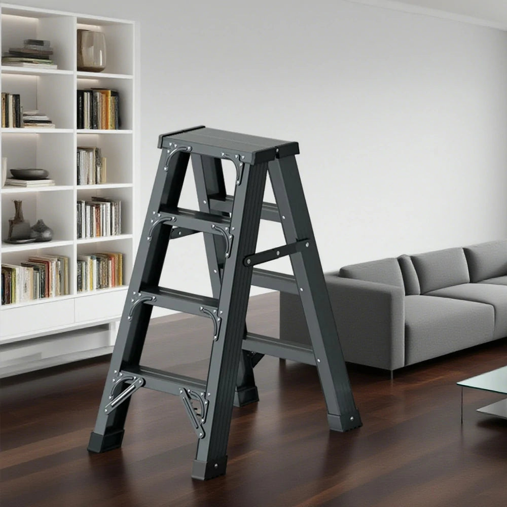 GROVIA 4/5/6-Step Aluminium Folding Ladder - 14.5cm Thick, 15cm Wide Pedal, Anti-Slip Feet - Grey