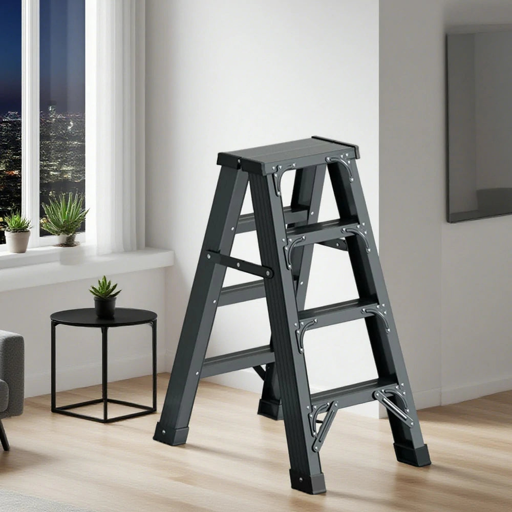 GROVIA 4/5/6-Step Aluminium Folding Ladder - 14.5cm Thick, 15cm Wide Pedal, Anti-Slip Feet - Grey